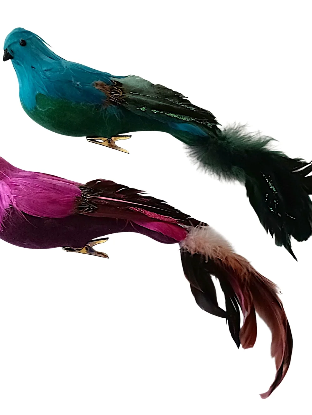 2‎ Vintage Feathered Peacock Bird Ornaments Clip On Large Pink Blue Christmas